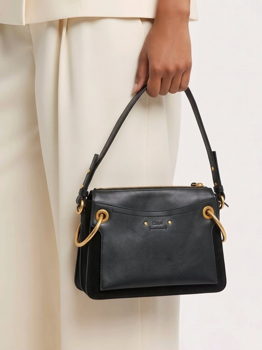 Chloe S/M Roy Leather & Suede Shoulder Bag Black CHC18US104A10, 100% Authentic